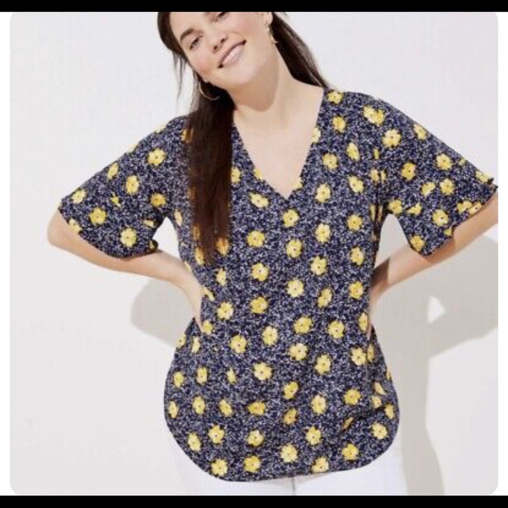 LOFT Navy Floral V-Neck Short Sleeve Blouse with Yellow Flowers